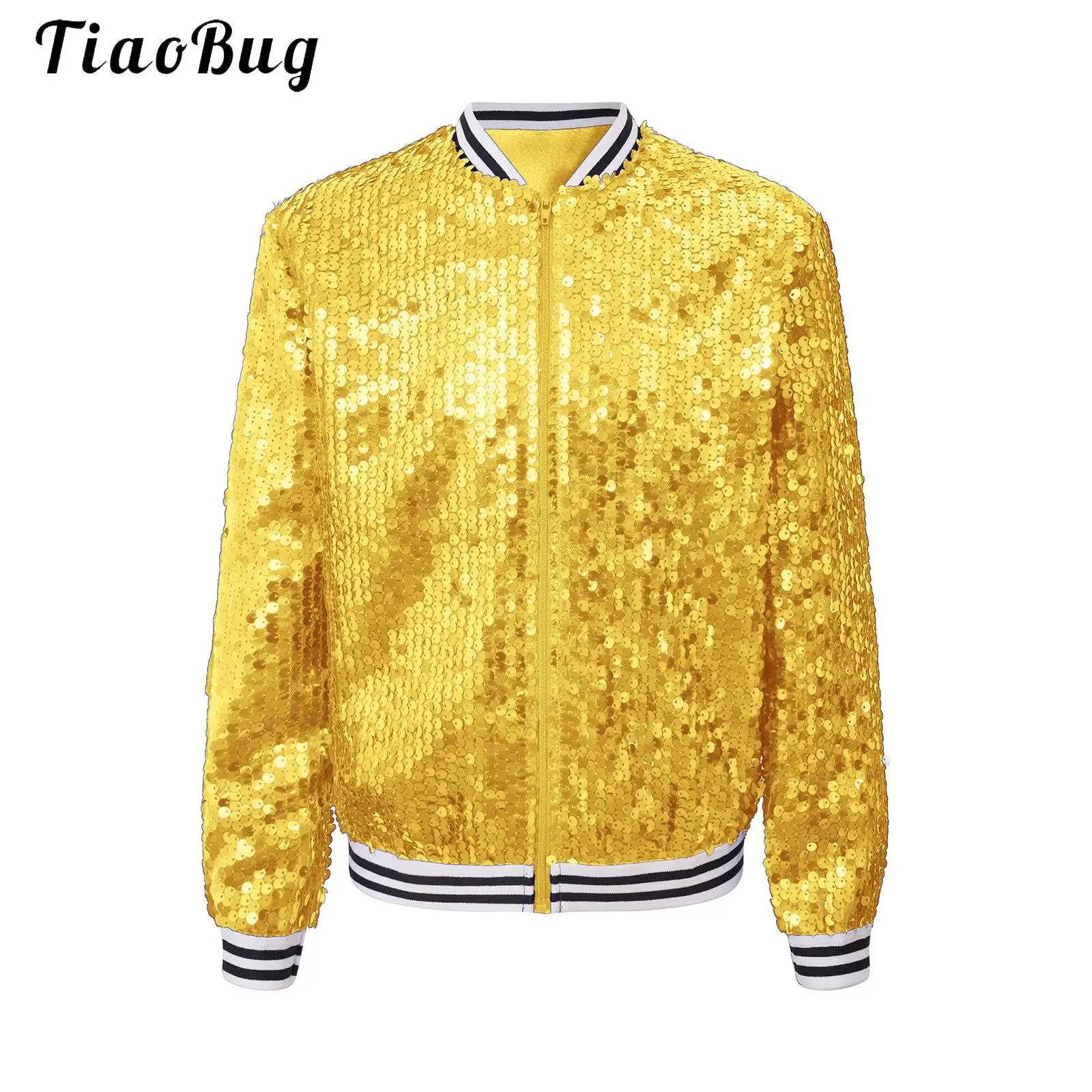 Kids Girls Shiny Sequin Baseball Jackets Tops Long Sleeve Zipper Striped Trim Outerwear Rave Party Hip Hop Jazz Bomber Costume