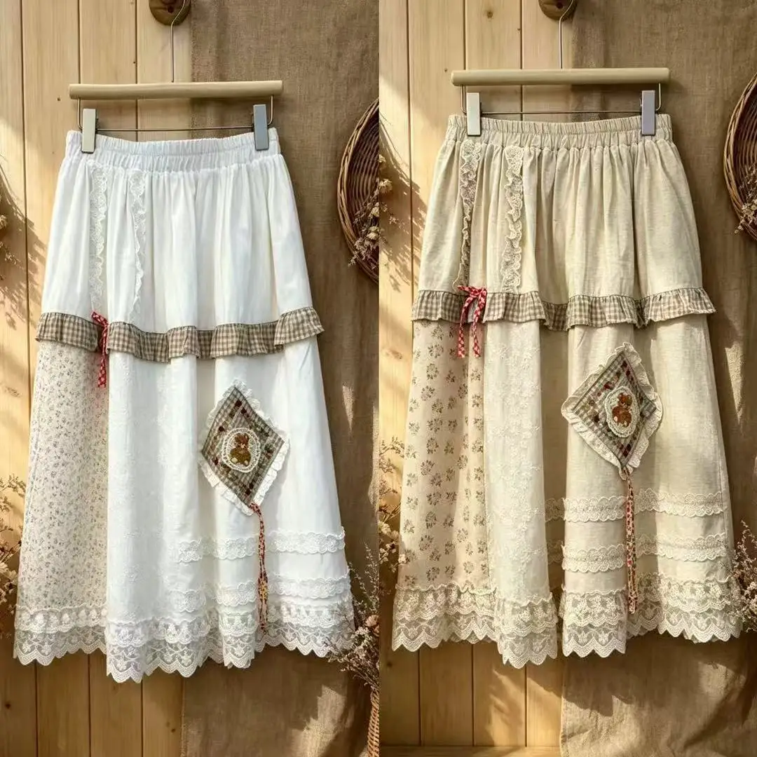 Japanese Sweet Mori Girl Lace Cartoon Bear Embroidery Patchwork Cotton Skirts Women Elastic Waist Casual Loose A-Line Midi Skirt