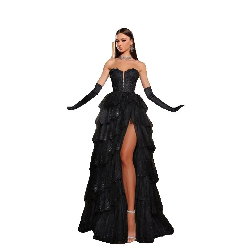 Exquisite Shiny Black Women Prom Dresses Sweetheart Sleeveless Floor Length A-Line Side Split Princess Fancy Evening Party Gowns