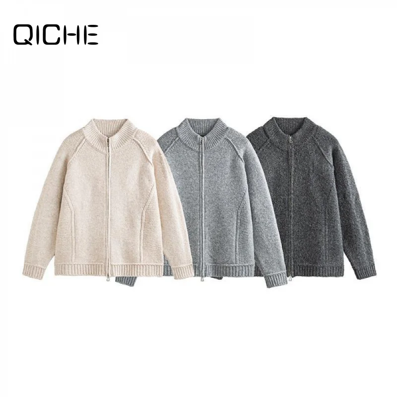QICHE 2026 New Unisex Crew Neck Knit Cardigan American Retro Deconstruct Splicing Lazy Style Loose Simple Casual Sweater