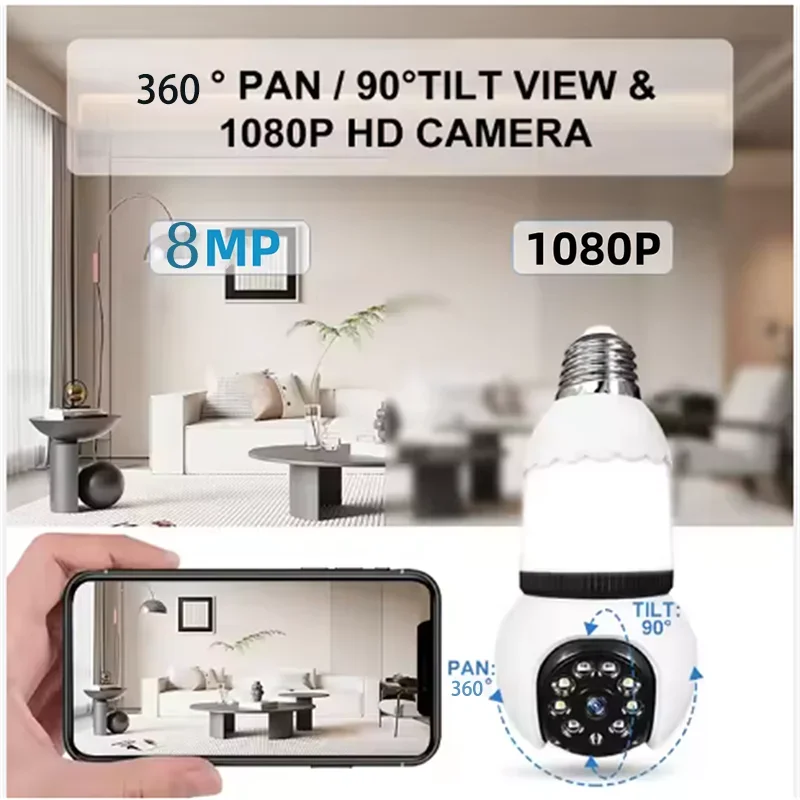 8MP LED Bulb Camera Wifi Surveillance Cameras Wireless CCTV PTZ Smart Security Tracking Two-way Audio Night Vision 10X Zoom Cam