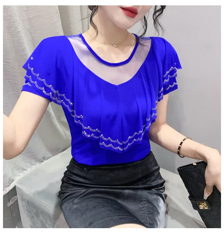 Fashion Summer European Clothes T-Shirt Chic Sexy Ruffles Shiny Diamonds O-Neck Tees Hot Drilling Short Sleeves Elastic Tops