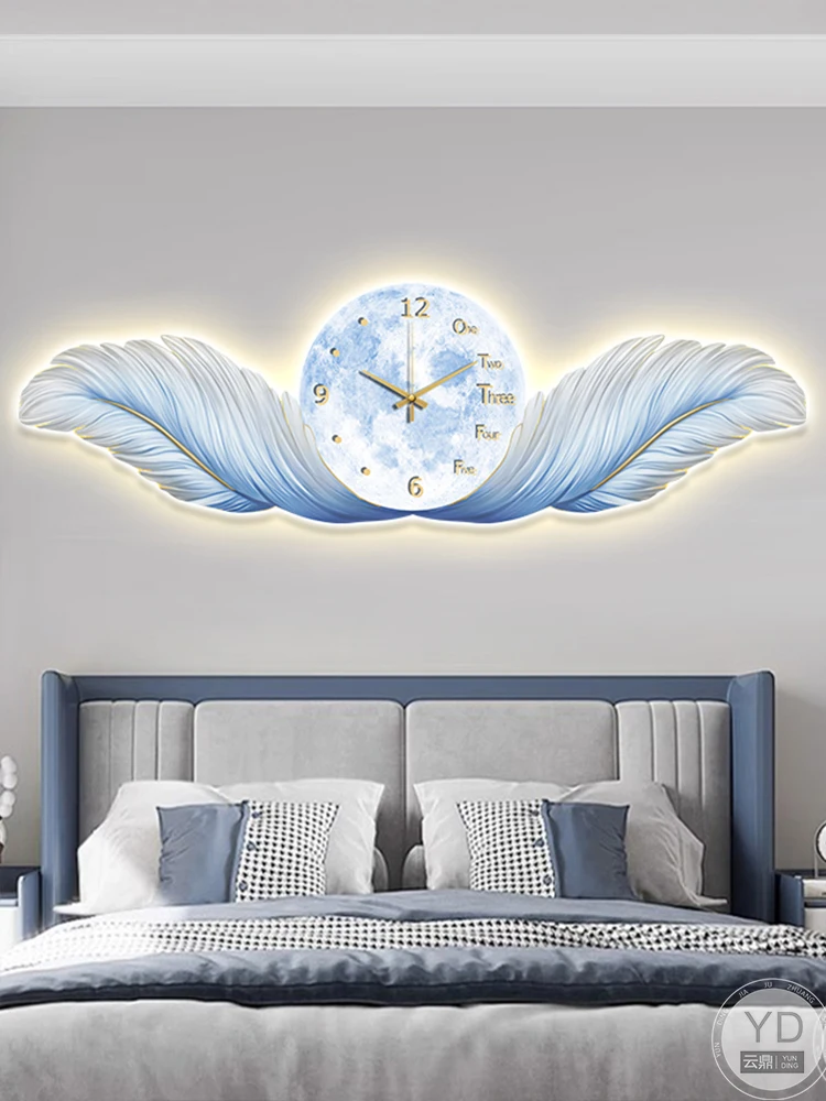 LED Illuminated Feather Wall Art with Clock Luxury Large Painting Sofa Background Bedroom Headboard Modern 3D Night Light Decor