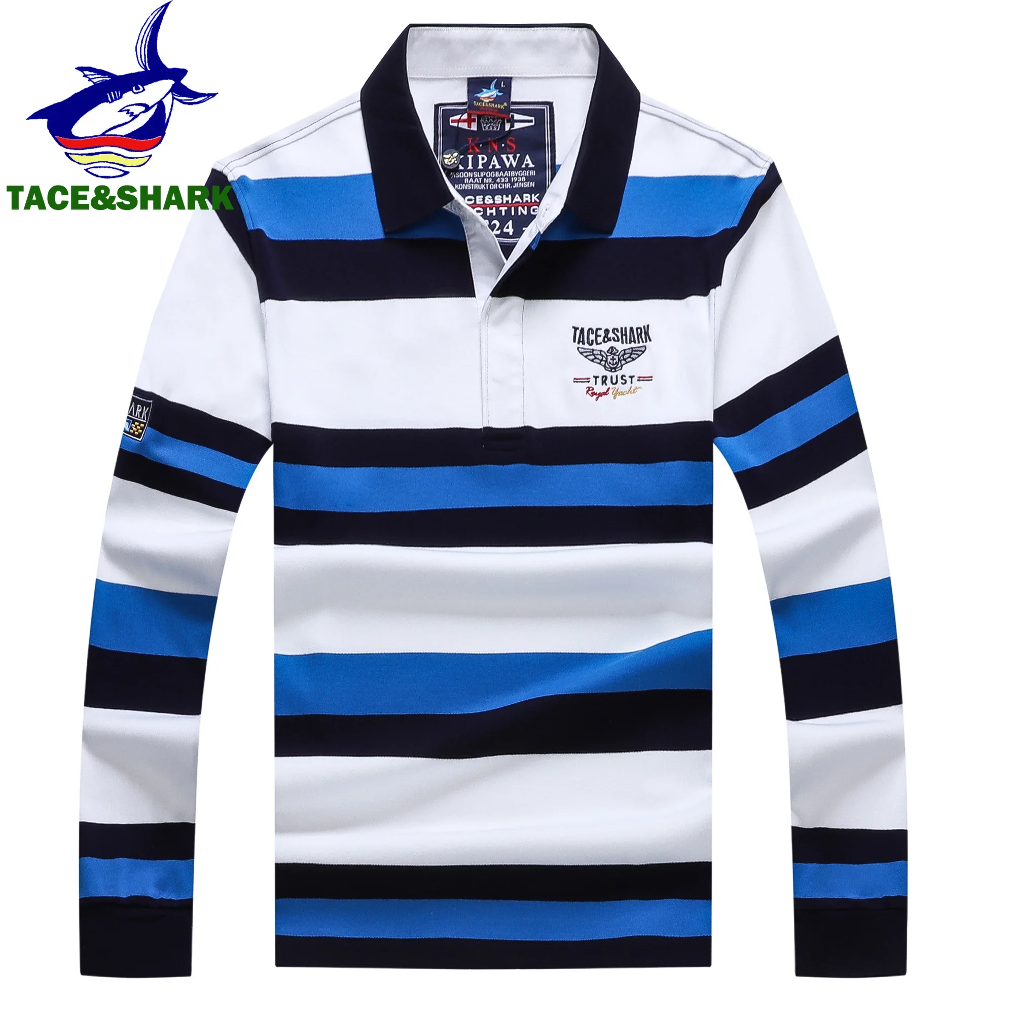 TACE & SHARK-Camisa polo listrada azul masculina, blusa casual respirável, moda de alta qualidade, outono, 2023