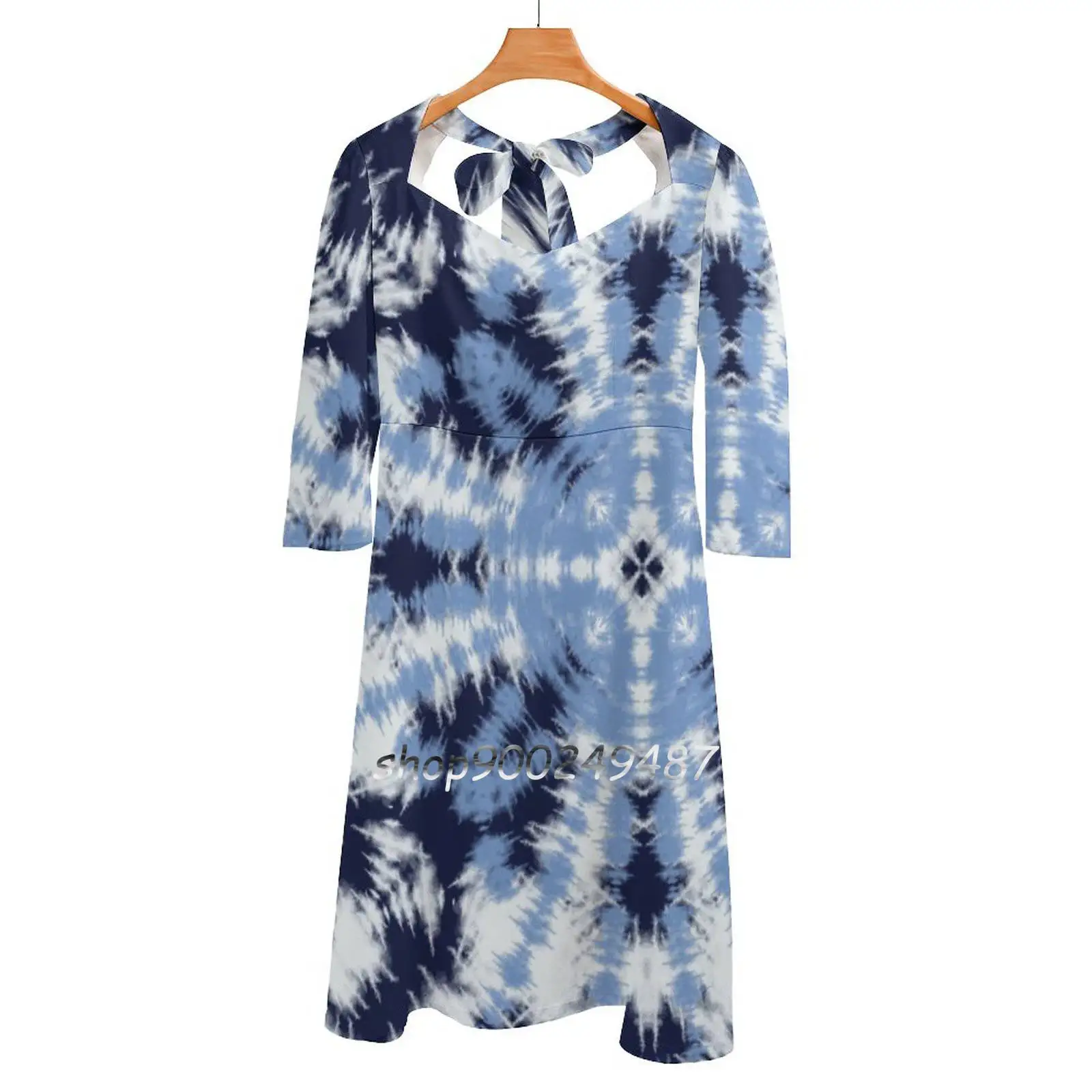 

Shibori Tie Dye Indigo 21 Sweet Elegant Dress Women Korean Kawaii Square Collar Dress Shibori Tie Dye