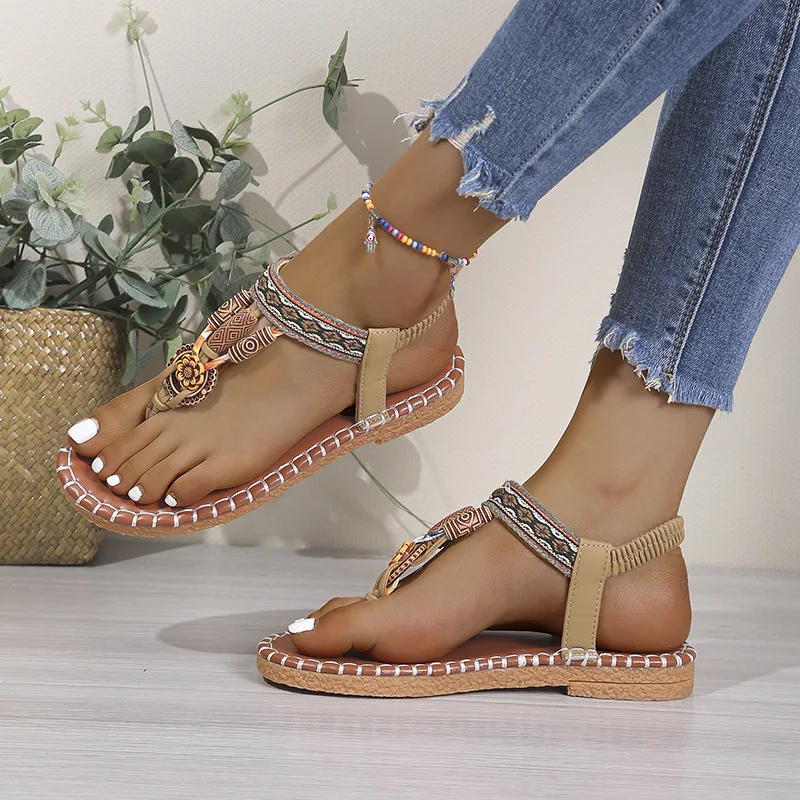 2026 Summer New Bohemian Sandals Round Toe Clip-toe Open-toe Women's Shoes Low Heel Soft Sole Plus Size Shoes Islam Elegant