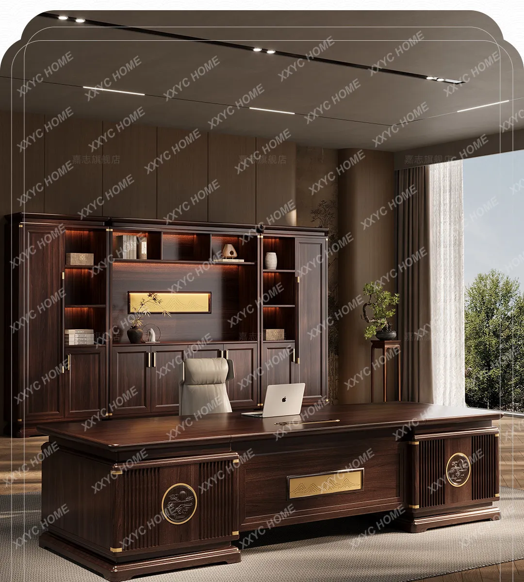 LPresident of New Chinese-style Solid Wood Desk Walnut Boss Desk Bookcase Combination Chairperson