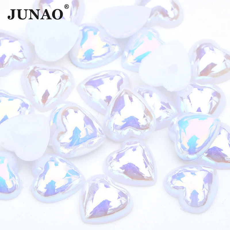 JUNAO 12mm 100Pcs White AB Heart Pearl Flatback Pearl Half Pearls Imitation Beads For DIY Crafts Wedding