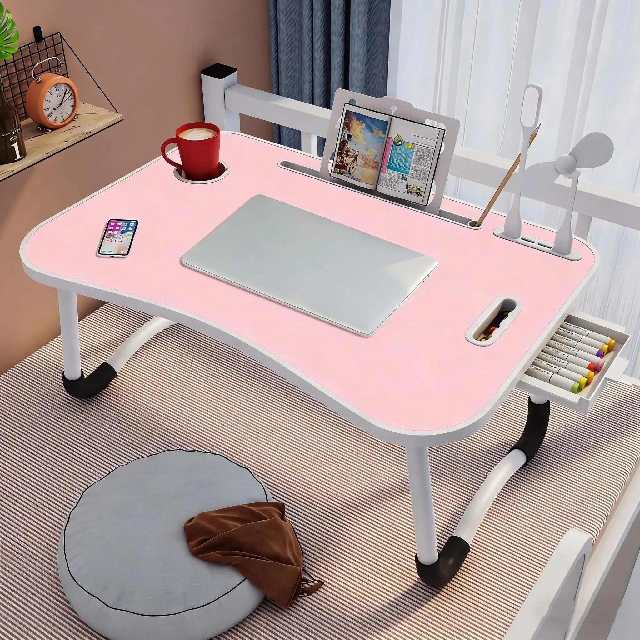 Foldable Computer Desk No Assembly 1-Second Open Portable Laptop Table Space-Saving Home Office Study Writing Desk with Storage Compact PC Workstation for Remote Work Bedroom