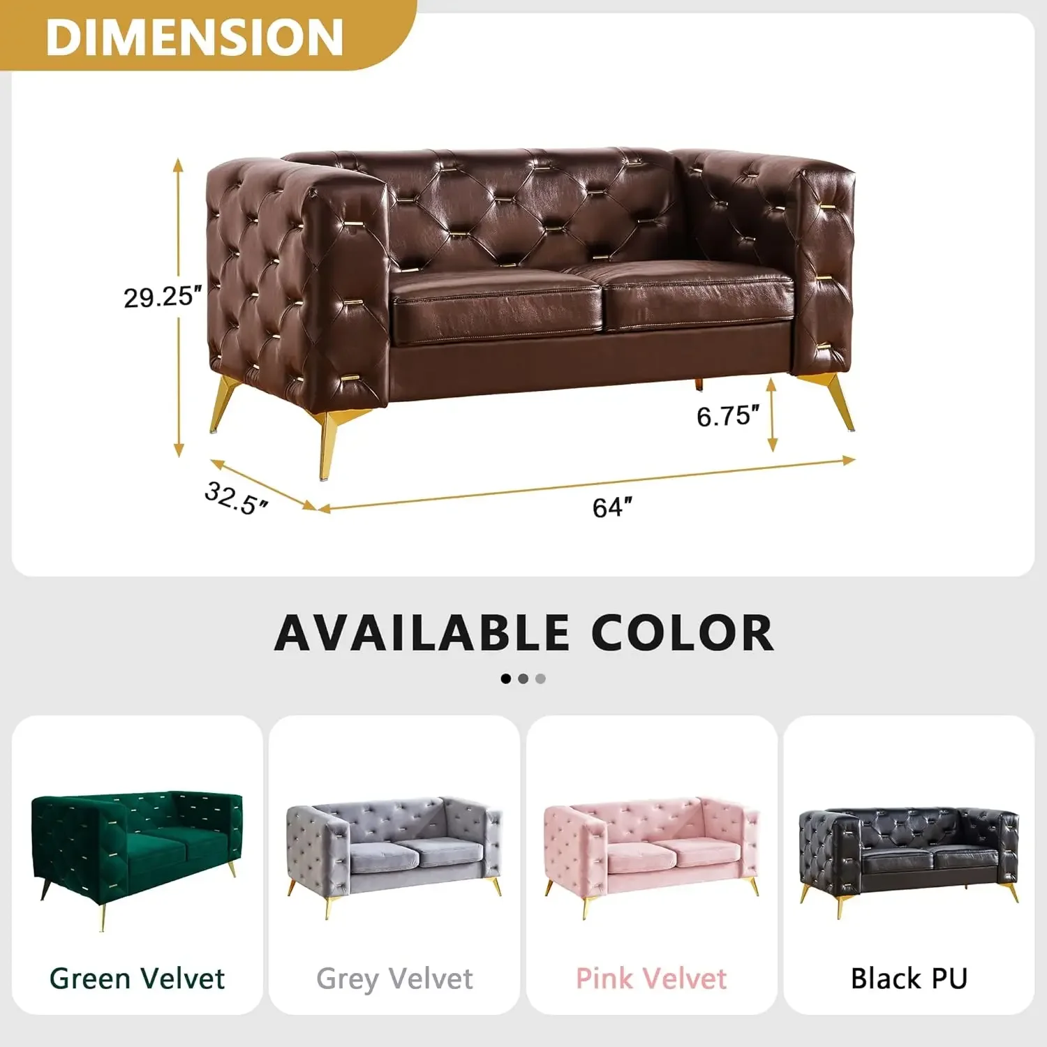 Modern 2-seater style sofa, faux leather sofa with square armrests and metal cluster buttons, for living room and office