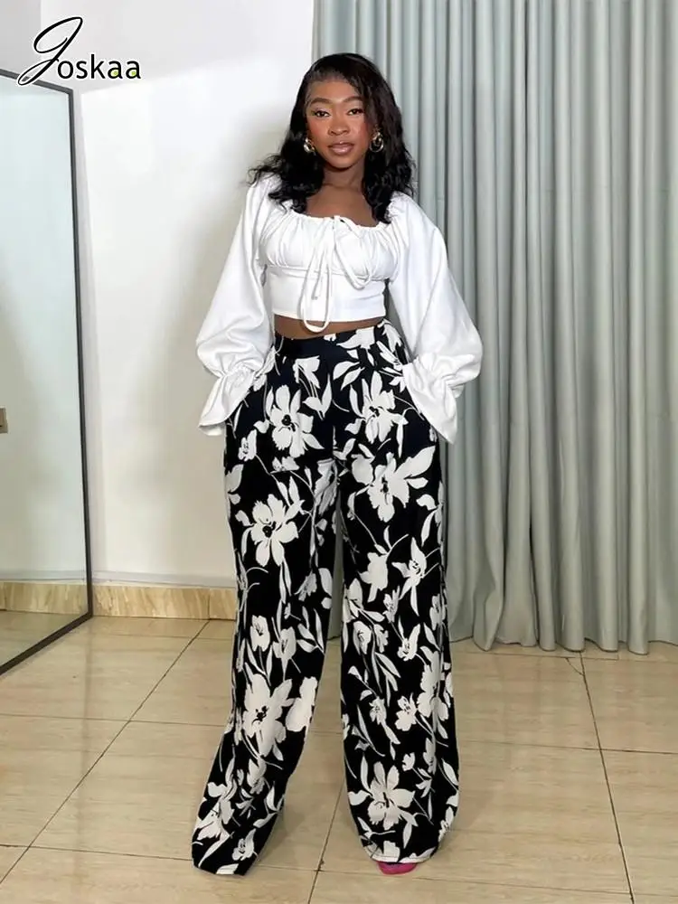 

Joskaa 2025 Women's Casual Comfort 2 Piece Set Sexy Long Sleeve Crop Top+Loose Printed Wide Leg Pants Match Y2K Streetwear S-XXL