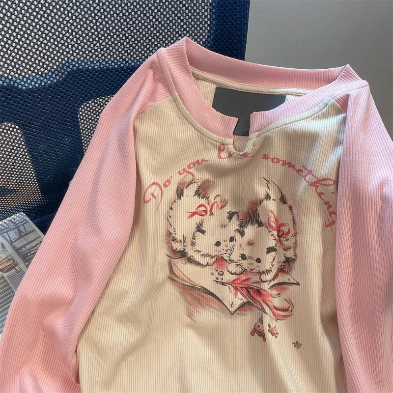 Contrast Color Raglan Sleeve Sweatshirts Y2K Chic Split O-Neck Pullovers Sweet Cat Letter Printing Loose Casual Tops Streetwear