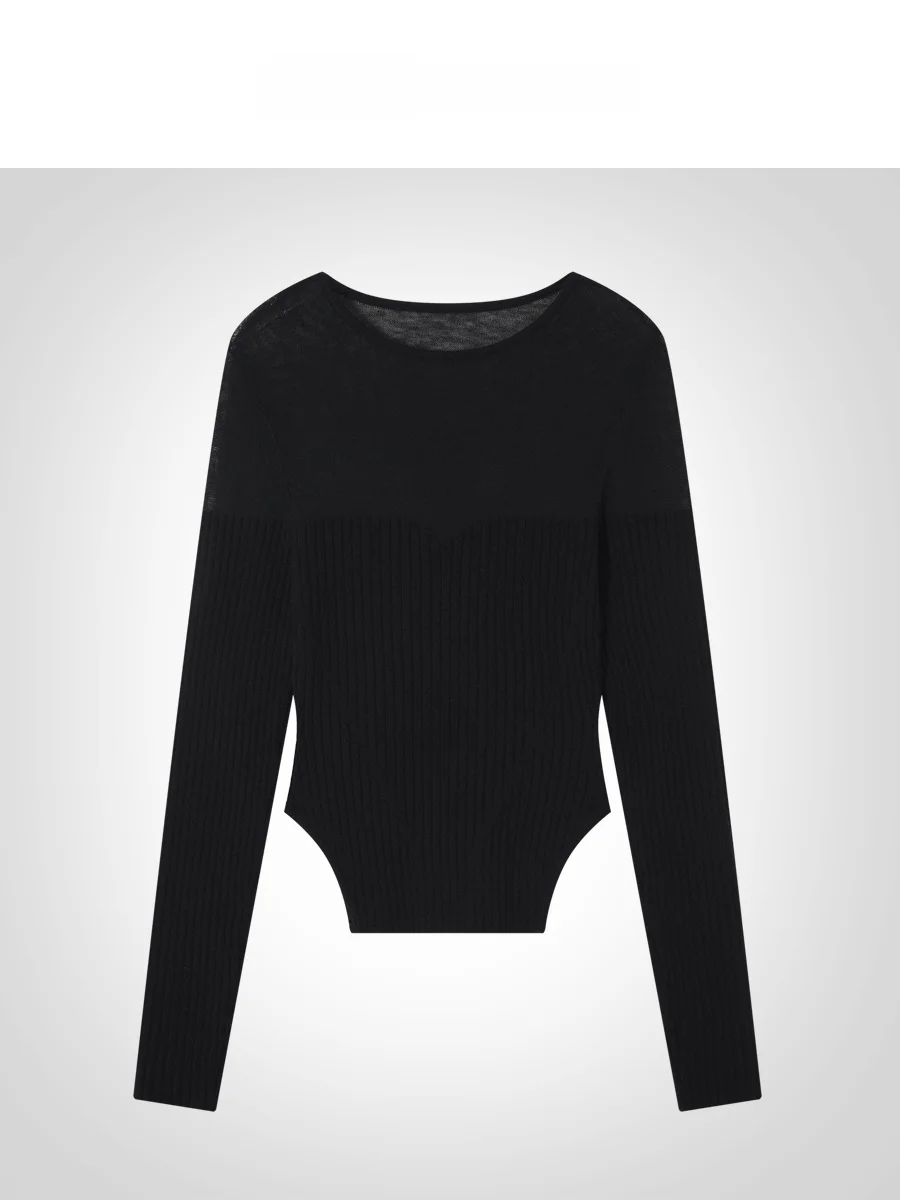 

IAMCPLUS 2025AW Spliced Knitted Top Women's Casual Sle Slim Fit Long Sve round Ne Pullover Knitwear