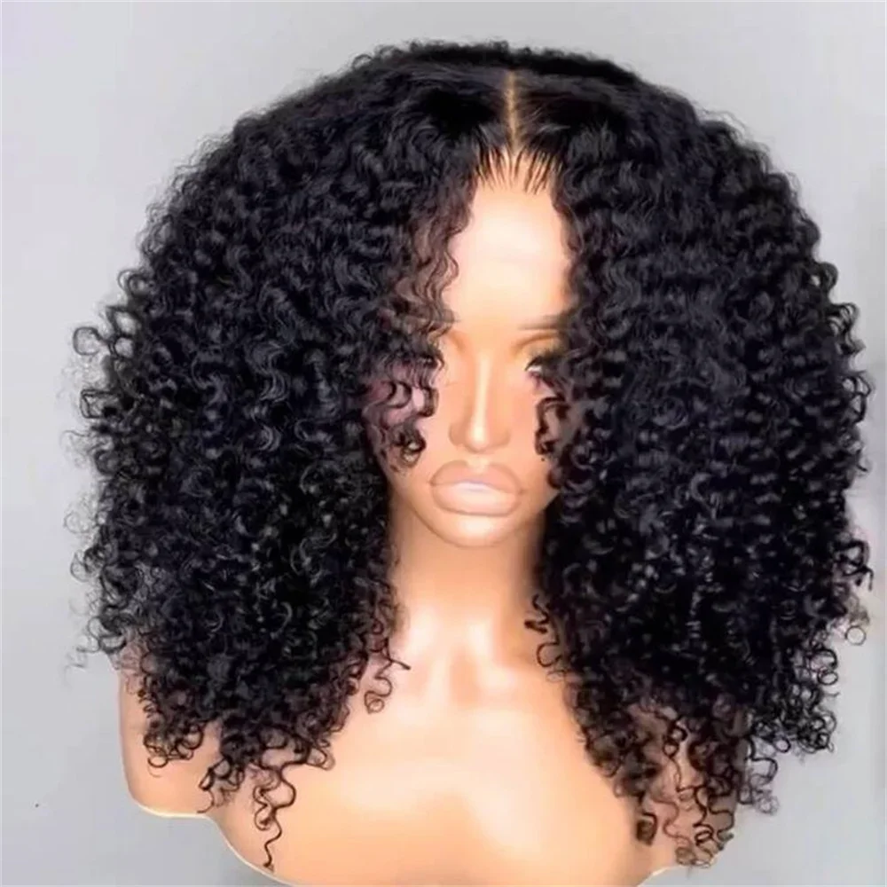 Soft 26inch Natural Black Glueless 180Density Long Kinky Curly Deep Lace Front Wig For Women With Baby Hair Preplucked Daily