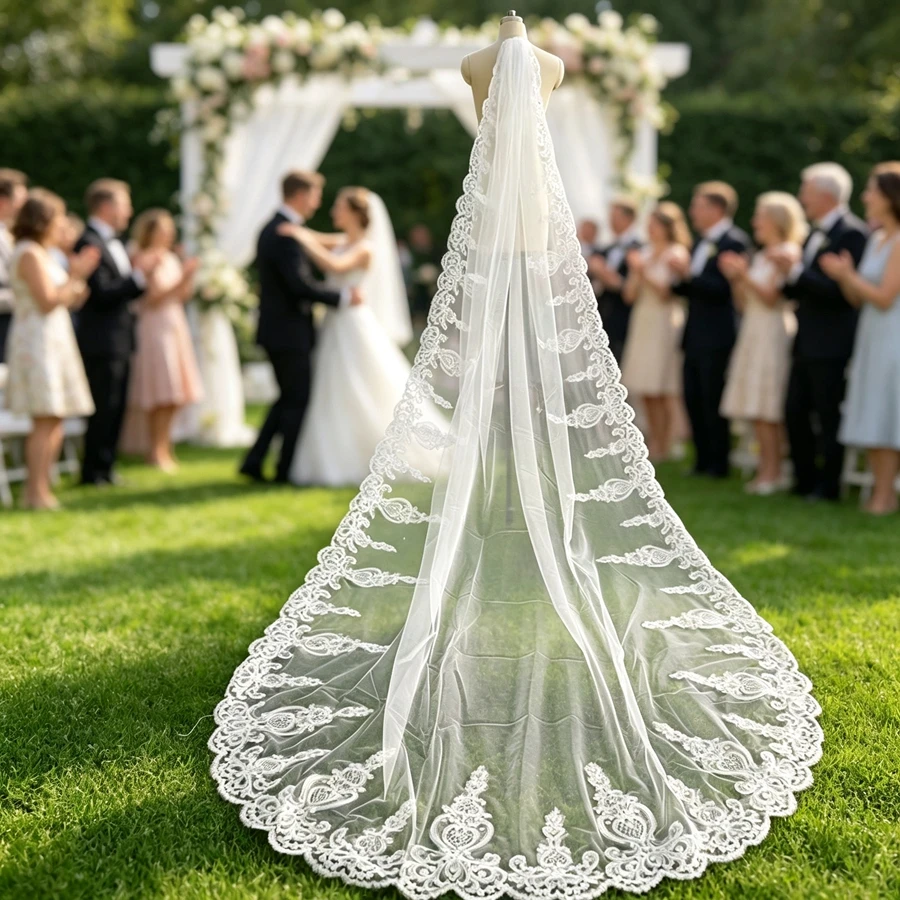 New Arrival White Ivory Cathedral Wedding Veils for Bride Lace Beaded Bridal Hair Accessories Voile Mariage Sexy Bridal Veils