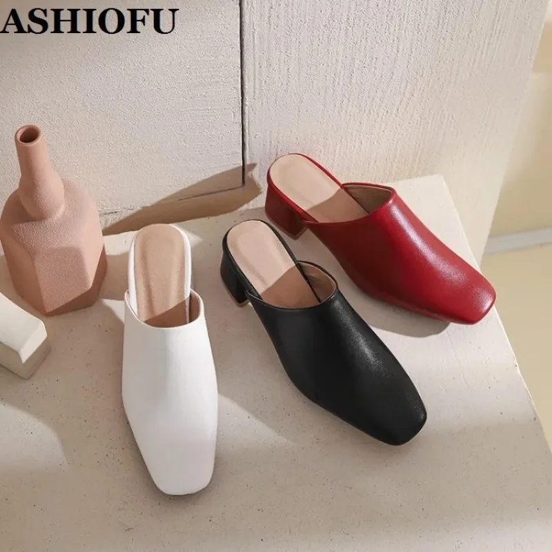 Womens New 2020 Block-heeled Slippers Faxu-leather Real-photos Sexy Three Colors Plus Size Evening Fashion Club Slipper Shoes