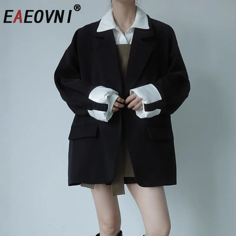 

EAEOVNI Black Office Lady Blazer Coat For Women Fashion Notched Collar Button Oversize Jacket Versatile 2025 Autumn New Clothing