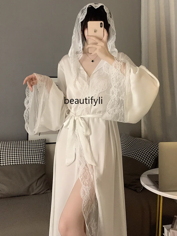 Ice Silk Pajamas Women's Spring and Autumn Long Sleeve Thin Sexy Lace Long Robe French Royal Style Bathrobe Home Wear