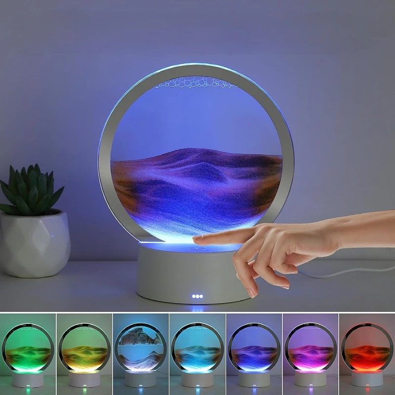 3D Dynamic Hourglass Night Light - USB-Powered Tabletop Lamp Blue/ Glass Novel Desk Lighting for Living Room Office Bedroom