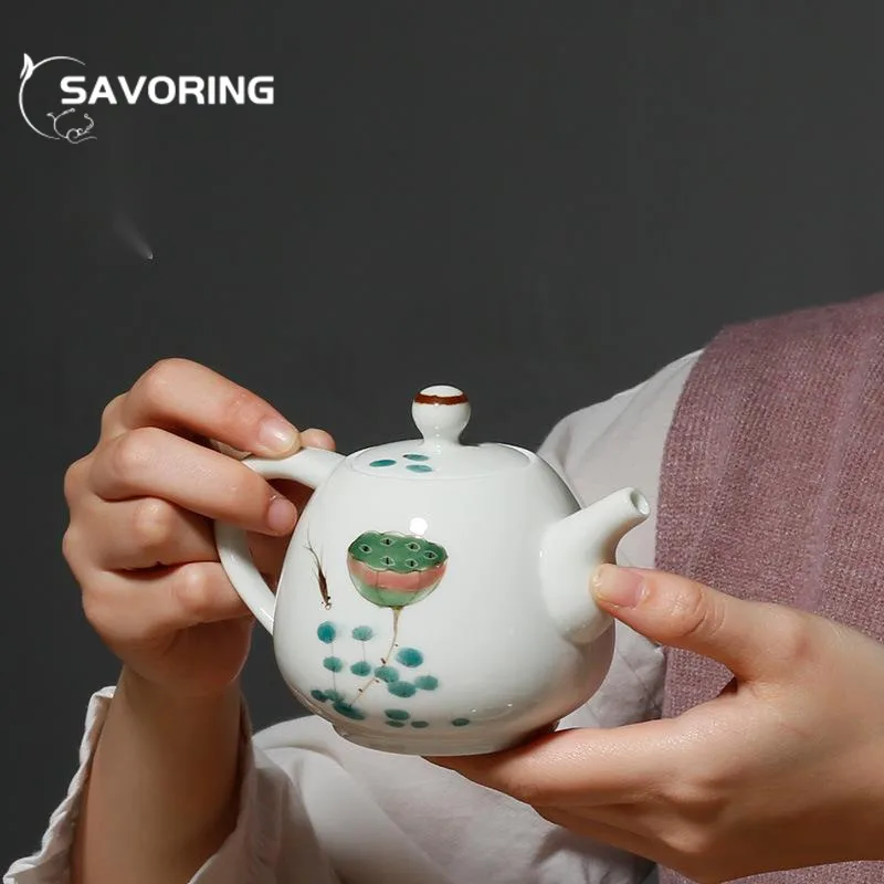 135ml Hand-painted Fish Play with Lotus Teapot Handmade Powder Celadon Pot Tea Making Kettle with Filter Teaware Ceremony Craft