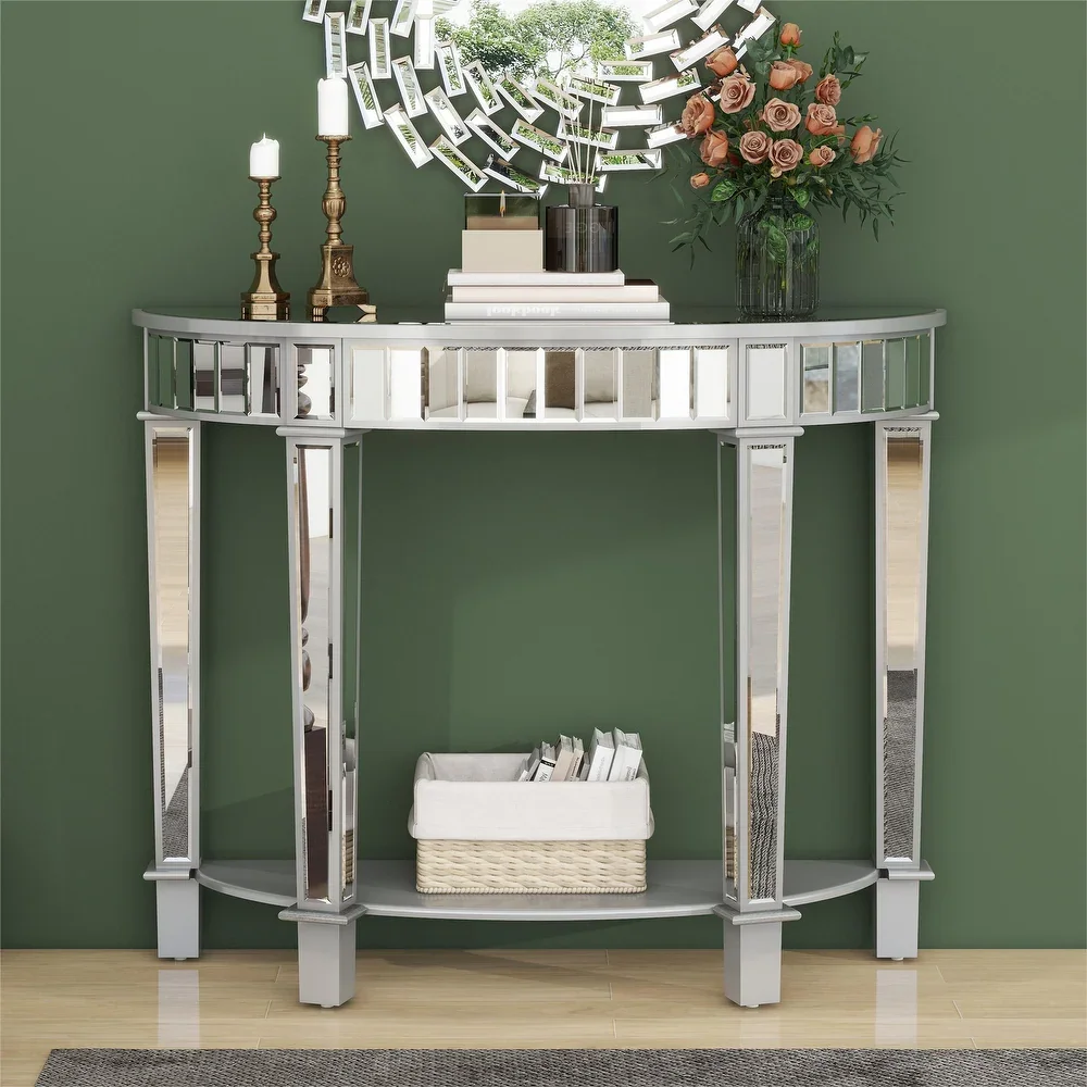 

# Living Room Semicircular Console Table With 2 Tier Storage Shelf Hallway Table Mirrored Finish Entryway Table
