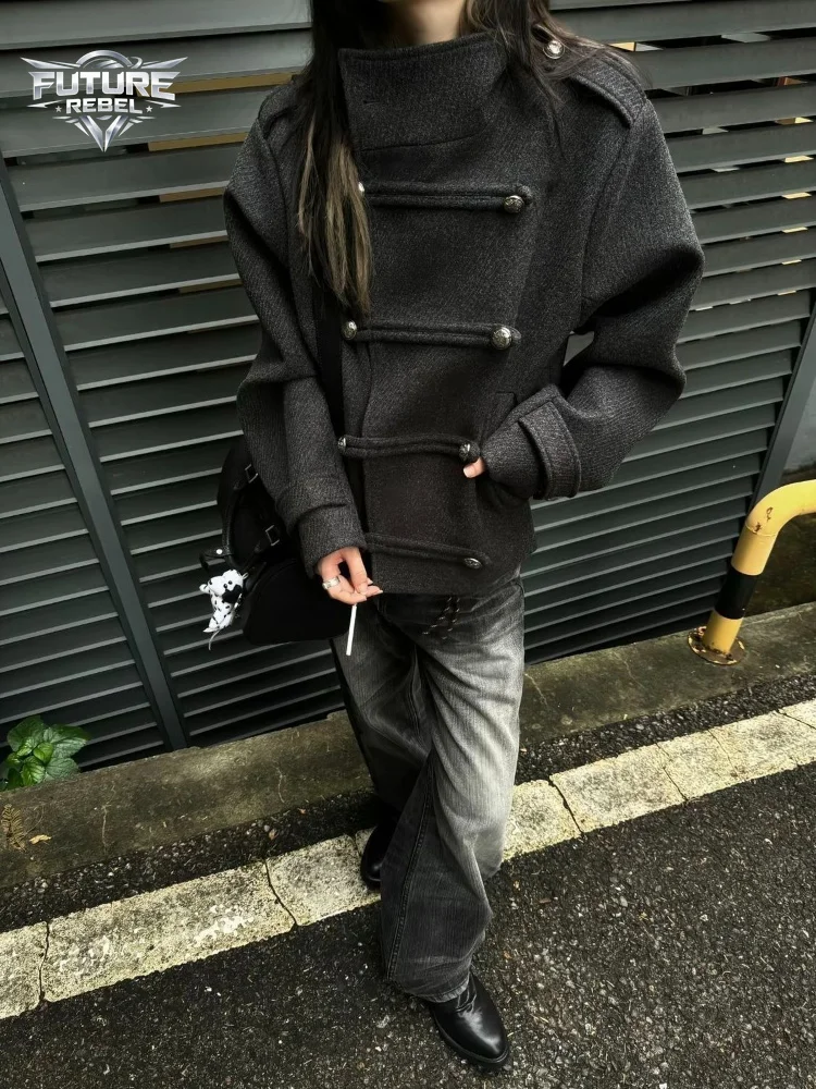 Women Jacket Vintage Old Money Wool Blend Napoleon Double Breasted Stand Collar Harajuku Unisex Asymmetric Button Tree Pattern