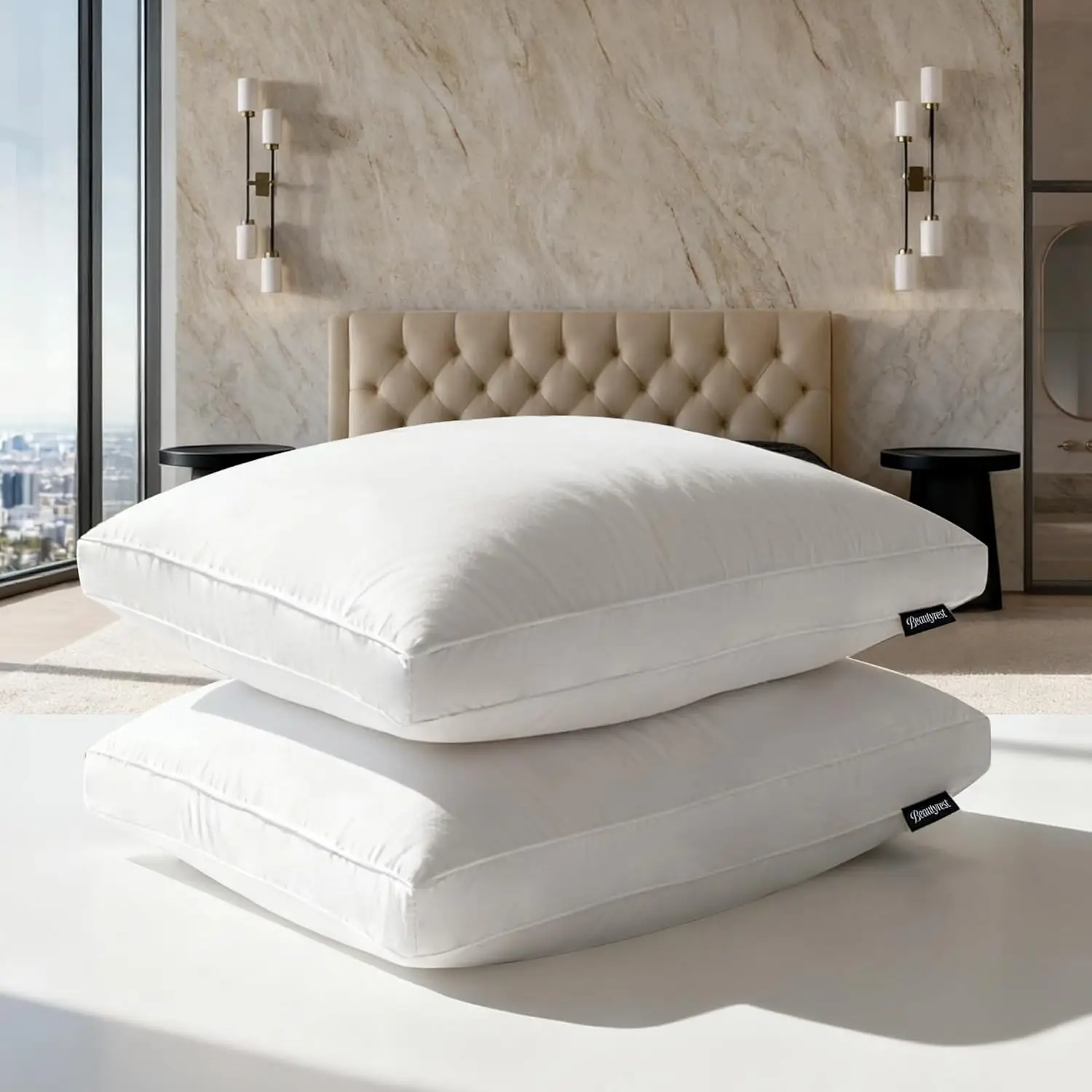 

Подушки Beautyrest с наполнителем из гусиного пуха и пера, жесткие, как в отеле, роскошные, для кровати, 100% хлопковый чехол, размер Queen/Jumbo