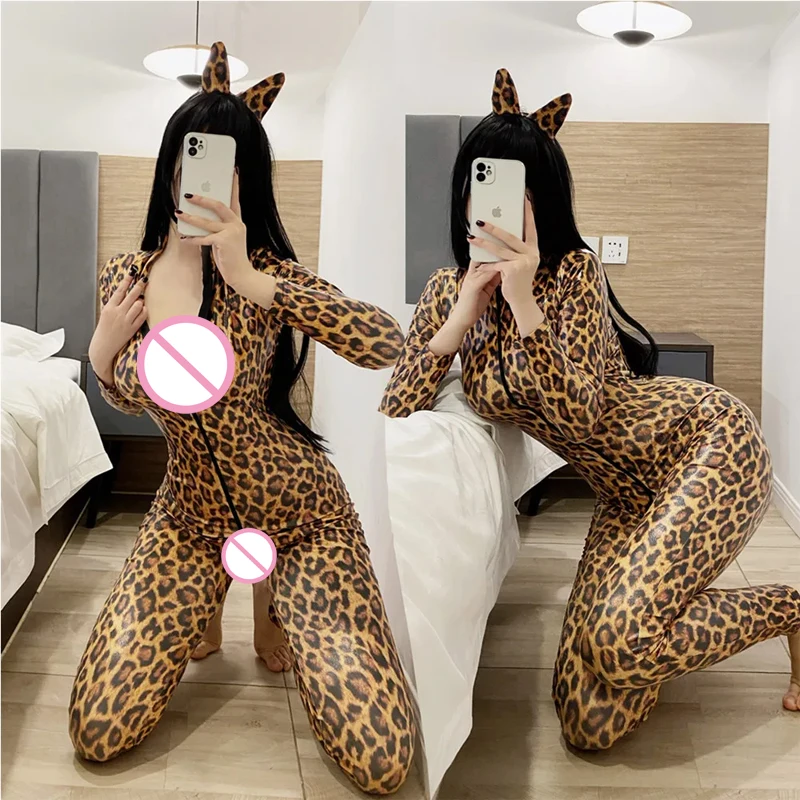 

Sexy Women Leopard Pu Leather Bodysuit Long Sleeve Zipper Skinny Pants Bodycon Jumpsuit Teddy Lingerie Catsuit