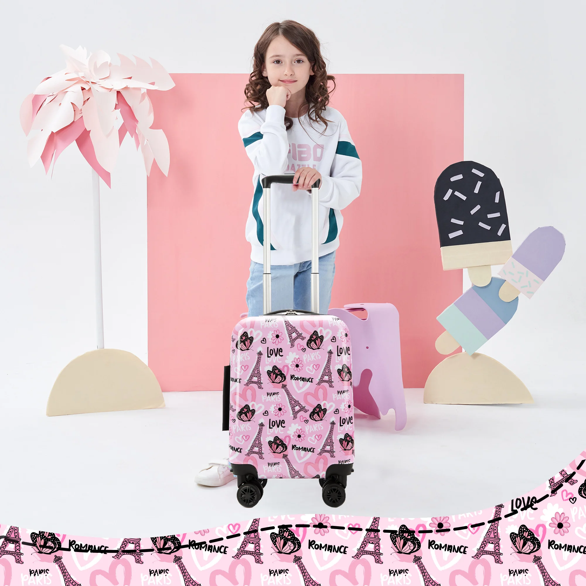 5PCS เด็กน่ารักชุดกระเป๋าเดินทาง 16 ''Hardside กระเป๋าเดินทาง SPINNER ล้อหญิงพกพาเด็กวัยหัดเดินกระเป๋าเดินทางสายการบินได้รับการอนุมัติ