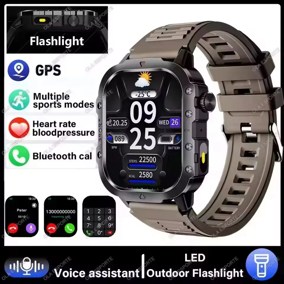 2026 Nieuwe Militaire Outdoor Smart Horloge Heren GPS Zaklamp Bluetooth Oproep 2.01 "AMOLED Scherm 3ATM Waterdichte Sport Smartwatch