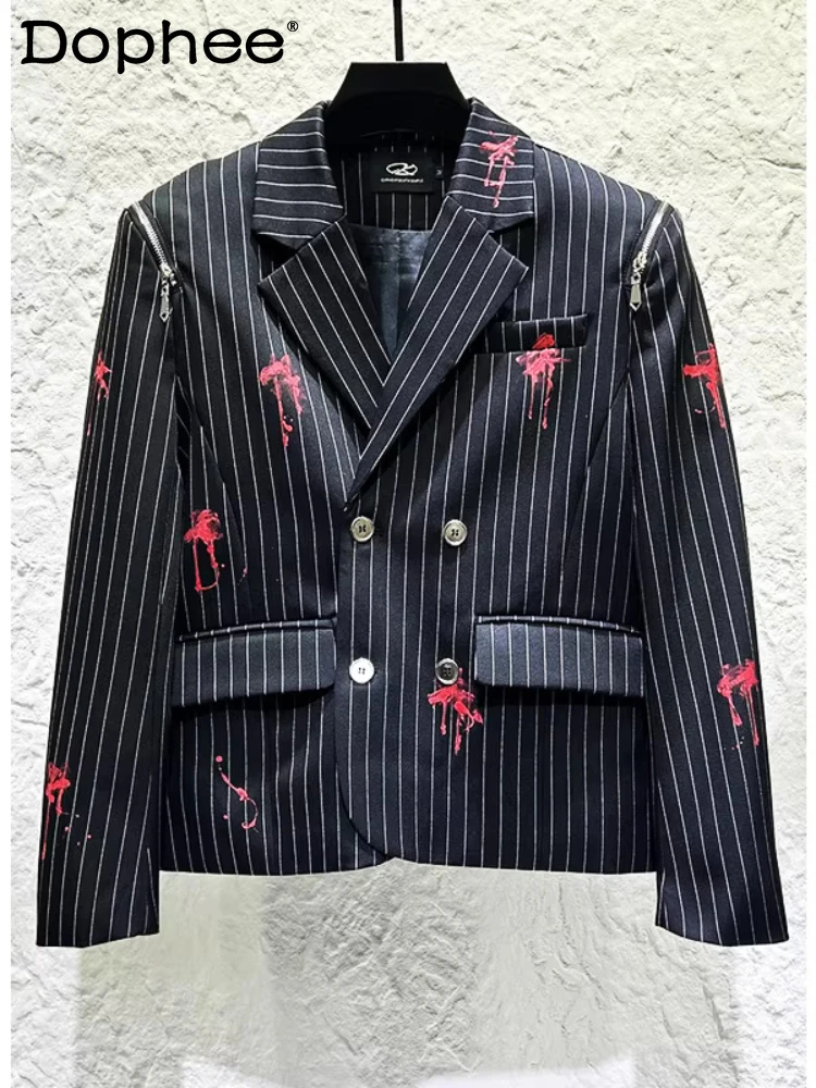 

Men's 2026 New Personalized Graffiti Design Tailored Coats Male Handsome Striped Double-Breasted Suit Jackets Men's Chic Blazers