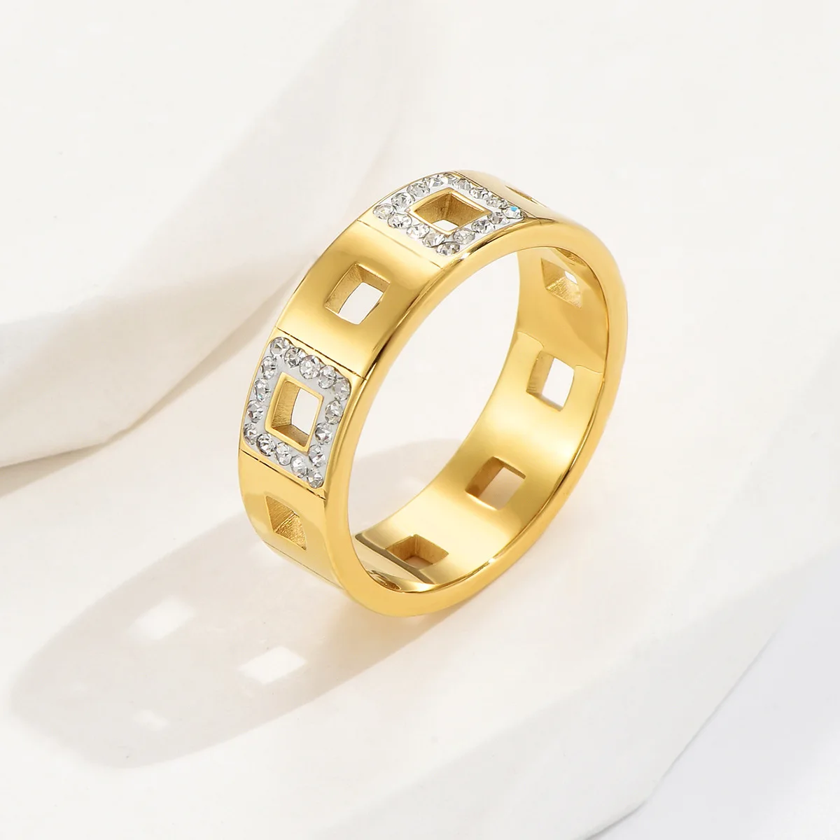 خاتم نسائي هندسي على الطراز الياباني الكوري مجوف مربع مرصع بالألماس مجوهرات ذهبية أوروبية أمريكية عصرية #1
