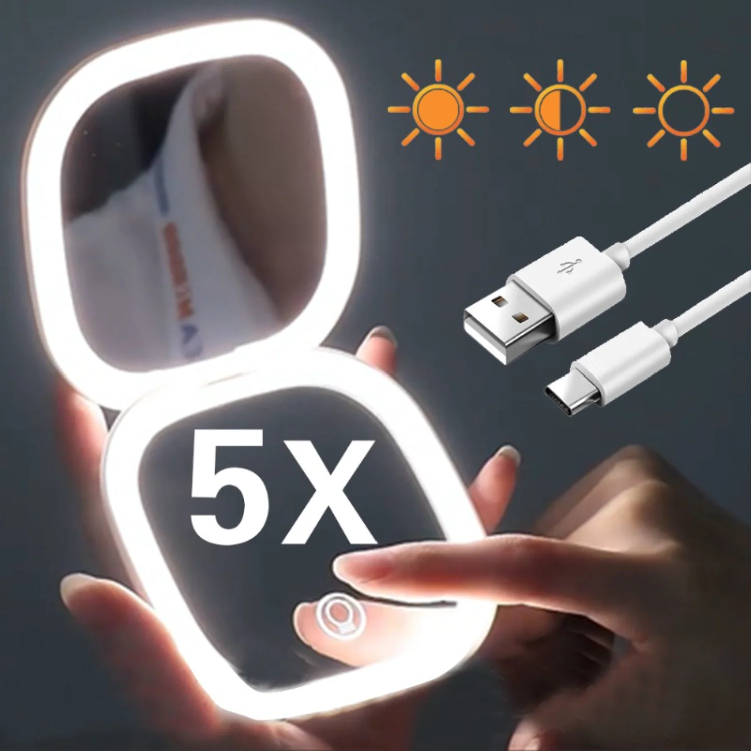 White Mini LED Makeup Mirror - 5X Magnifying, Foldable & Portable - Perfect for Travel & On-the-Go Grooming with Built-in Bright