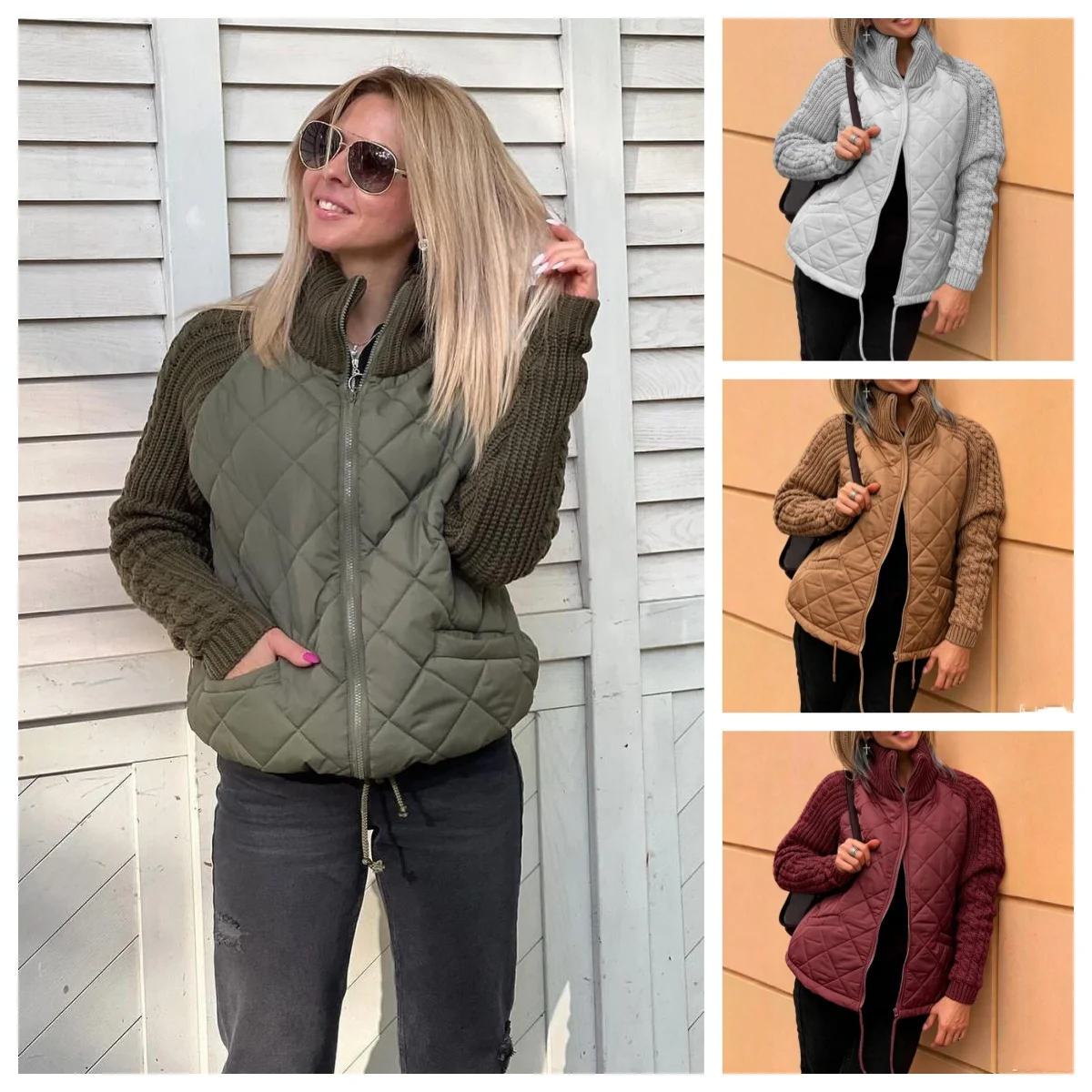 Coats Winter Warm Women Jackets Stand Collar Neck Parkas Patchwork Drawstring Hem Zipper Closure Cotton Outwear Female Clothes
