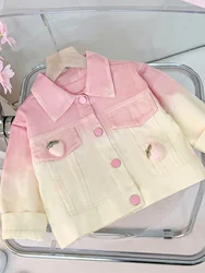 Baby Girls Denim Jackets Diamond Pearl Laple Tops Spring Autumn 2024 New Fashion Sweet Cute Strawberry Gradient Coat