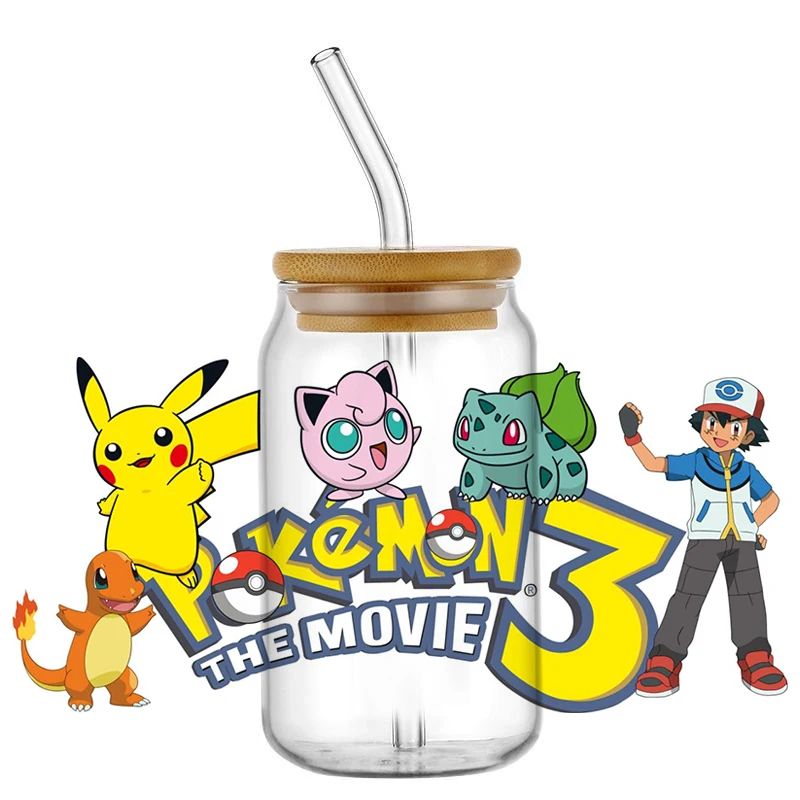 Miniso Cartoon Pokemon Pikachu UV DTF Transfer Glass Sticker Waterproof Transfers Decals For 16oz Glass Cup Wrap Stickers