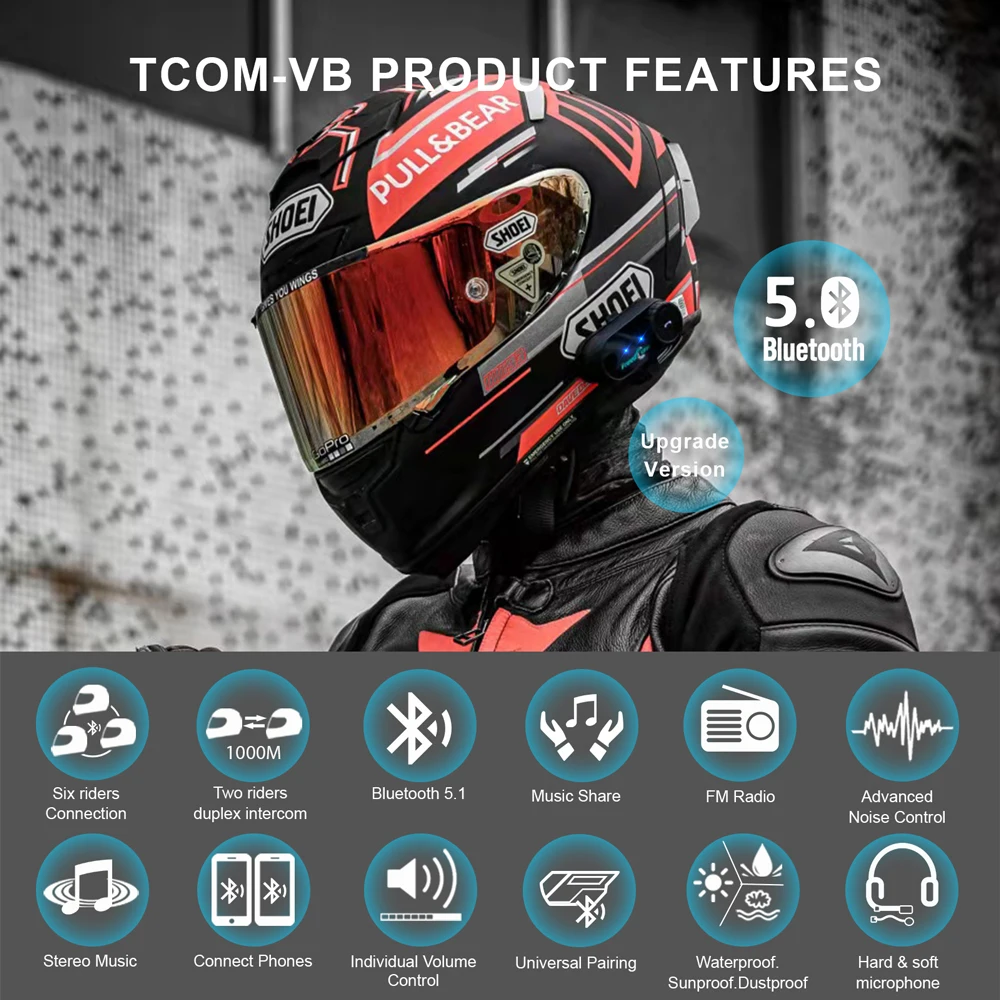 Freedconn Motorcycle Intercom Helmet Bluetooth Headset Group Headphone BT 5.1 FM Music Share Intercomunicador Waterproof