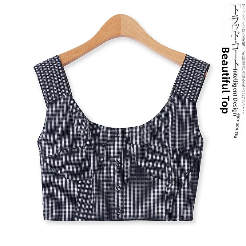 Plaid Strapless Crop Top Women's Inner Wear Slim Fit Front Button Spring Summer New Style Fashionable Small Vest 12728