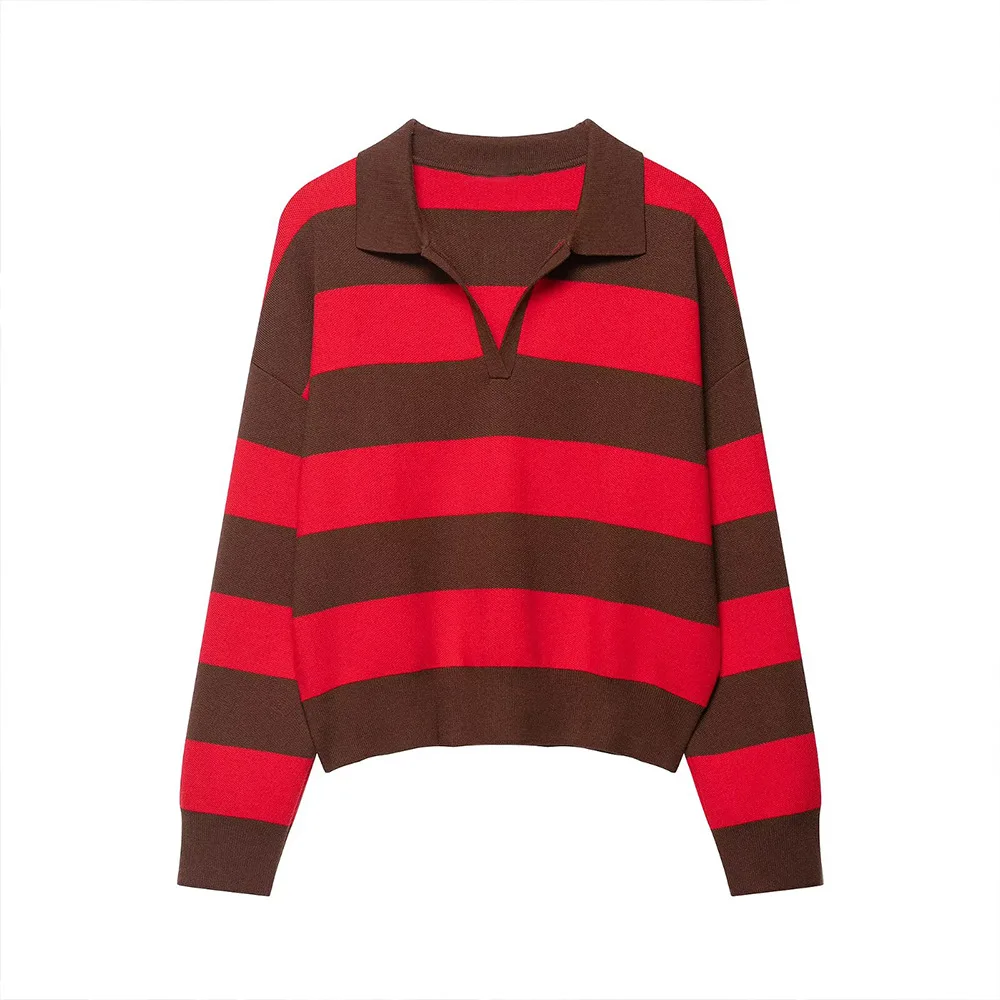 

Women's Striped Knitted Pullover Loose Lapel Long Sleeves Contrasting Elastic Hem Cropped Sweater Commuting Winter New Chic Top