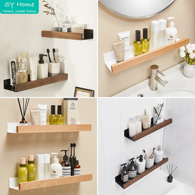 

Bathroom Shelves Rack Wall-mounted Shower Room Toilet Shampoo Shelf Cosmetic Storage Kitchen Solid Wood Bathroom Accessories