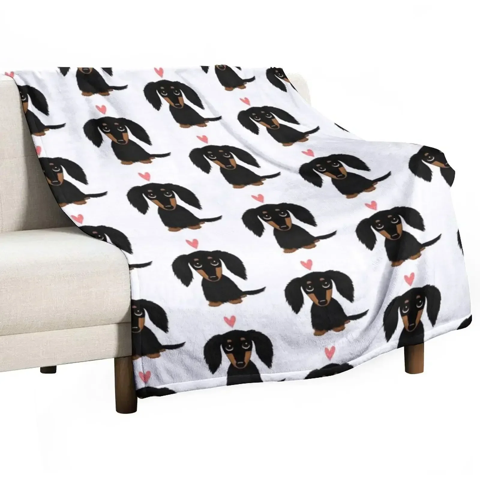 Black and Tan Longhaired Dachshund Cartoon Dog with Heart Throw Blanket Beautifuls Soft Beds Luxury Vintage Blankets