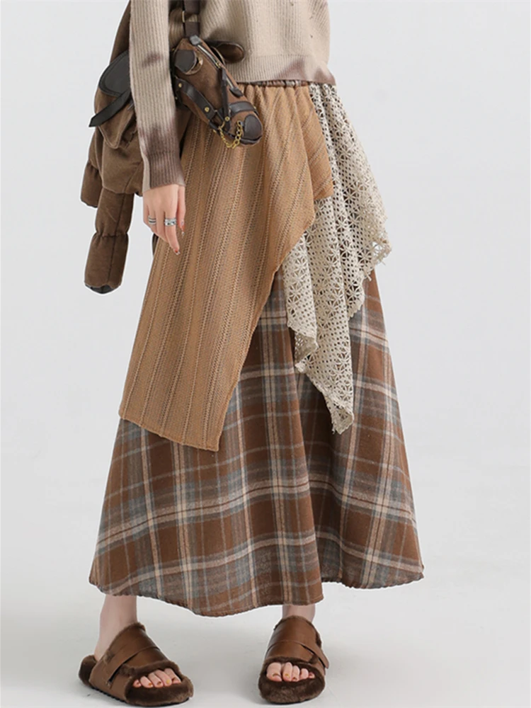 2024 New Autumn Winter Women High Waist Slim Long Skirt High Quality Contrast Color Irregular Patchwork Plaid Woolen Skirt