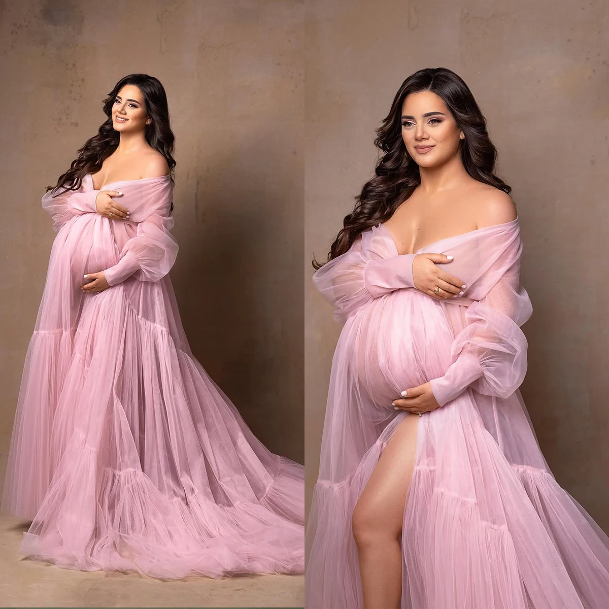 

Fluffy Prom Dresses for Photo Shoot or Baby Shower Sexy Off Shoulder Long Sleeves Customized Maternity Robes Photoshoot Gown