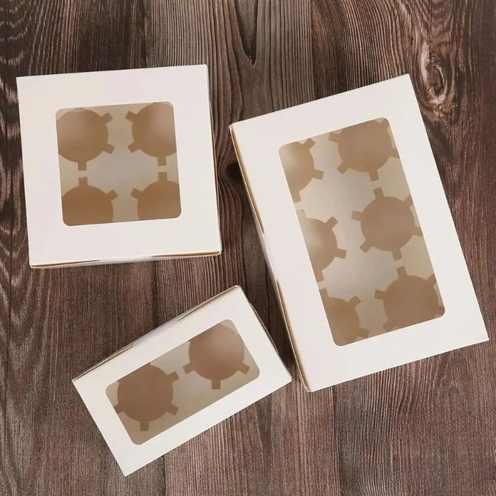 

10pcs White Color Mini Cupcake Boxes Inserts Included Stackable Cupcake Box Holder Window Design Muffins Box Bakery Supplies