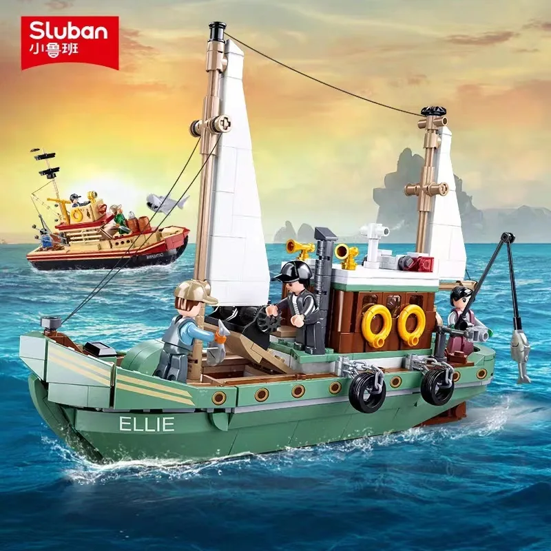 

Sluban Fishing Boat Great White Shark Boat Building Blocks Pirate Ship Figures Model Bricks Set DIY Toys For Kids Holiday Gifts