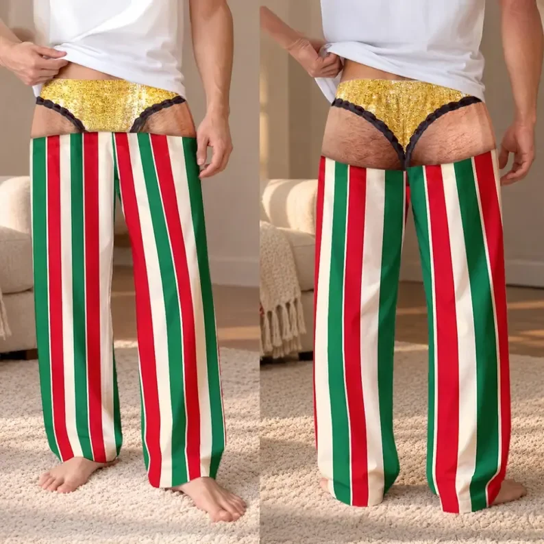 Fun Men's Christmas Colorful Striped Hip Flip Funny Mischief Gift Elastic Waist Fun Novelty Holiday Party Loose Casual Pants