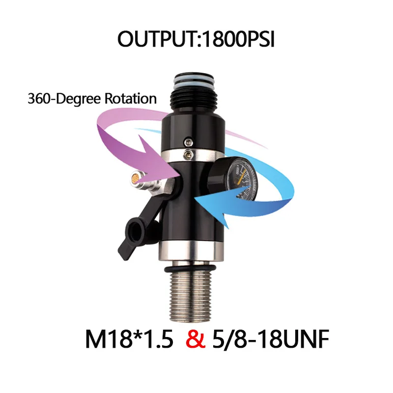 hpa-m18x15-e-5-8-18unf-360-°-valvola-regolatrice-dell'aria-girevole-con-uscita-da-1800-psi-per-accessori-per-immersioni-subacquee-acqua-gassata-e-co2