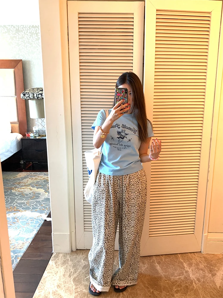 2024 신상 여성 하이웨이스트 와이드 레그 팬츠 루즈핏 밴딩 레오파드 프린트 캐주얼 트라우저 한국 스타일 롱 팬츠