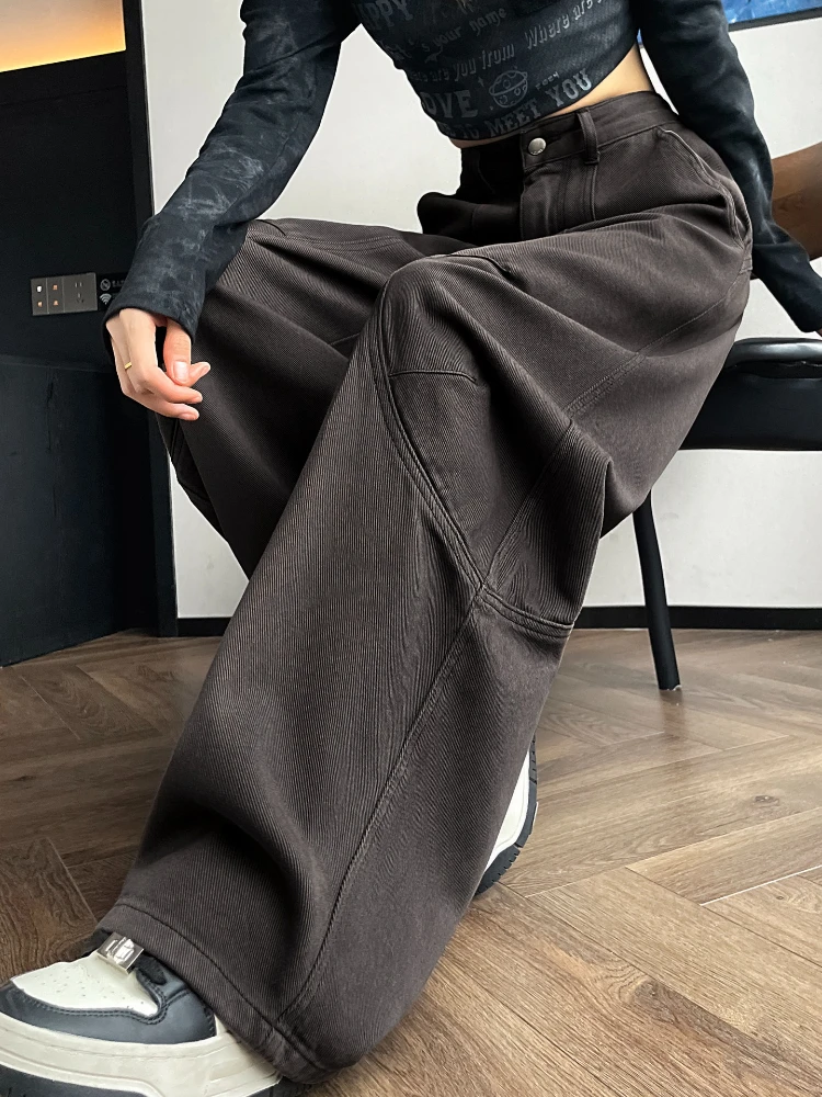 

Широкие джинсы в американском стиле, женские осенние 2024, новые свободные прямые брюки с завышенной талией и изогнутыми ножками длиной до пола