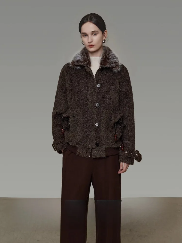 Unspoken Women's Short Loose Woolen Coat with Fur Collar Winter Fashion Outerwear Thickened Polyester Nylon Ammonia Fiber